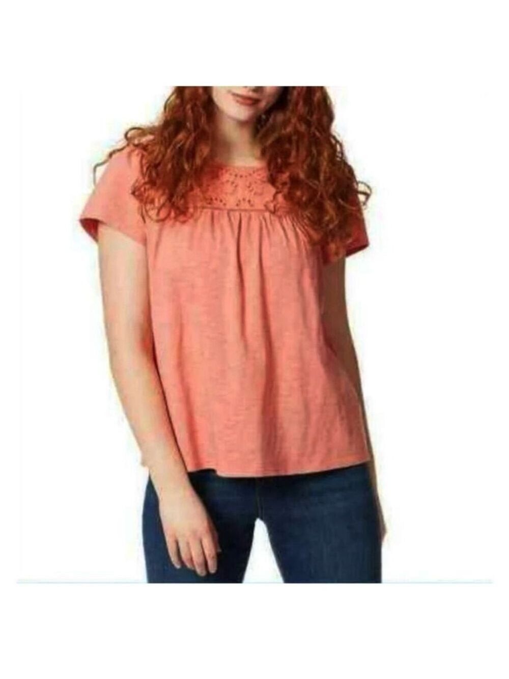 Ella Moss Embroidered Yoke Short Sleeve Tee Orange/Coral Size XXL